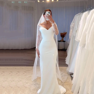 Civil Wedding Dresses For Women 2025 Customized V Neck Lace Long Sleeves Mermaid Bridal Gown Simple Wedding Party Dress