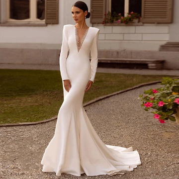 JEHETH V-neck Satin Wedding Dress Mermaid Zipper Beading Bridal Dress Elegant Floor-Length BOHO Long Sleeve Vestidos De Novia