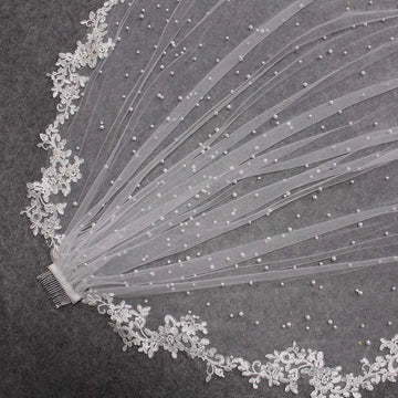 Customized High Quality Pearls Wedding Veil with Lace Appliques Edge 2.5 Meters Long Bridal Veil with Comb 250CM Veil for Bride
