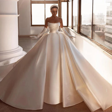 Eightree Elegant Wedding Dresses 2021 Pearls Modern Bridal Beach Boho Dress Sweep Train A-Line Satin Wedding Ball Gown Plus Size