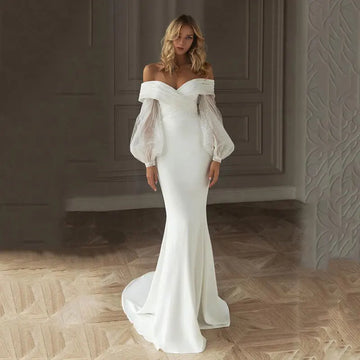 Modest Mermaid Wedding Dresses For Women Sequins Glitter Tulle Off The Shoulder Princess Bridal Gowns Soft Satin Robe De Marie