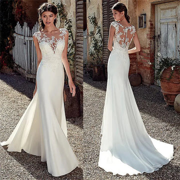 Customized Scoop Short Sleeve Lace Appliques Mermaid Wedding Dresses Natural Slim Buttons Back Women Bride Gown Illusion Vestido