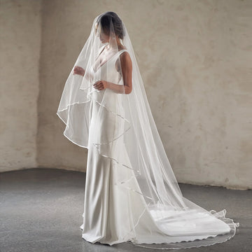 Wedding Veil Ribbon Edge 2 Tier Bridal Veils Wedding Cathedral Length Cover Front and Back Soft Italian Tulle Veil V97