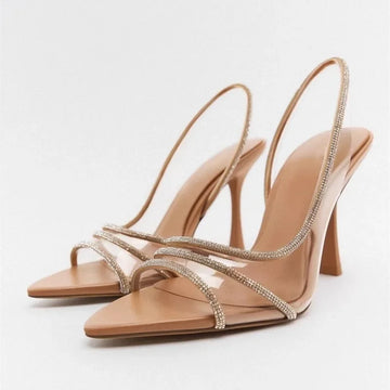 Summer 2025 Women's Sexy Hollow out Toe High Heels Fine Heel Sparkling Water Diamond Embellished Sandals Pointed Toe Slip-On