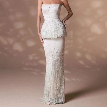Customized High Quality Crystal Jersey Straight Evening Dress Sexy Floor Length Strapless Sleeveless Lace Up Back vestidos de no