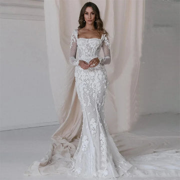 Sexy Mermaid Wedding Dresses Lace Flower Ball Gowns Long Sleeve Backless Buttons Sweetheart Court Train Formal Party Customized