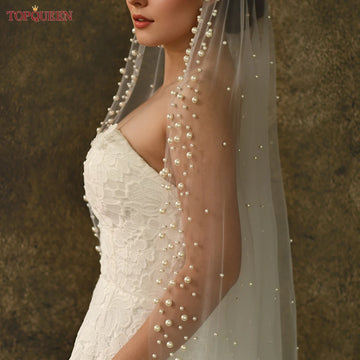 TOPQUEEN V66 Luxury Cathedral Pearl Wedding Veil No Comb Single Layer White Creamy 3m Bridal Veil Customizable