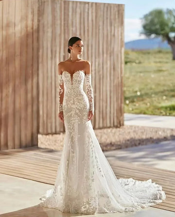 Customized Elegant Lace Appliques Mermaid Wedding Dresses for Bridal 2025 Detachable Long Sleeves Sweetheart Vestido de novia