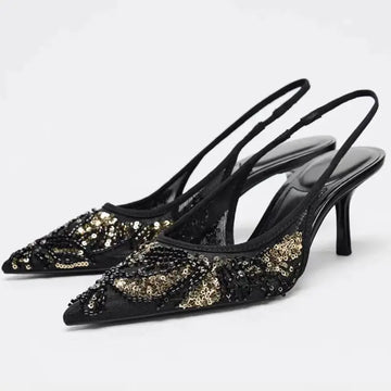 Luxury Bling Brand Designer Heeled Sandals Women Mesh String Bead Design Elegant Mule Shoes Fashion Wedding Bridal Heels Pumps