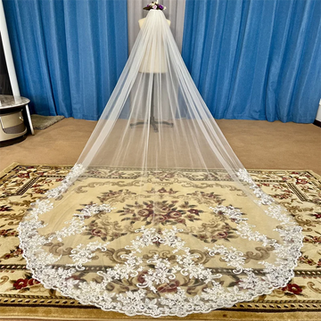 Real Photos Long Lace Appliques Wedding Veil White Ivory Cathedral 1 Layer Bridal Veil Bride Veil Wedding Accessories