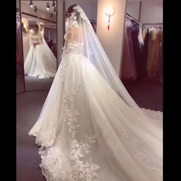 White Ivory Real Photo 3m 4m 5m Long Wedding Veil With Comb Lace Bridal Veils Appliqued Cathedral Wedding Veil velos de novia 1T