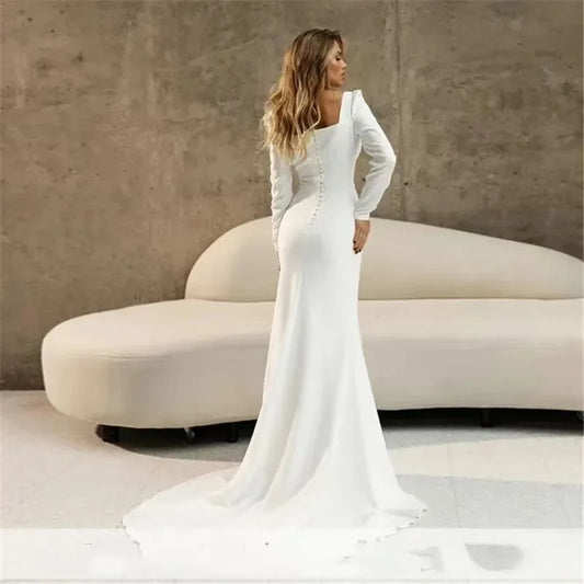 Long Sleeve Square Neck Satin Wedding Dress – Minimalist Elegant Bridal Gown | Maison Bridal