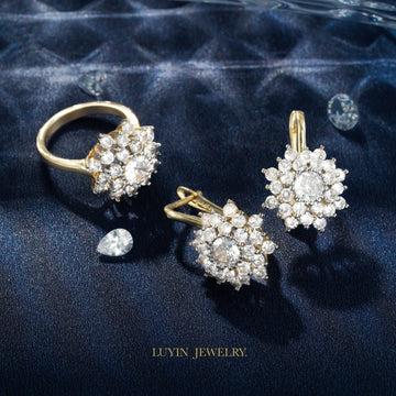 LUYIN Hot Selling Classic Style Flower Shape Earrings Ring Set For Women Copper Plated 14K Gold Wedding Gorgeous Accessories