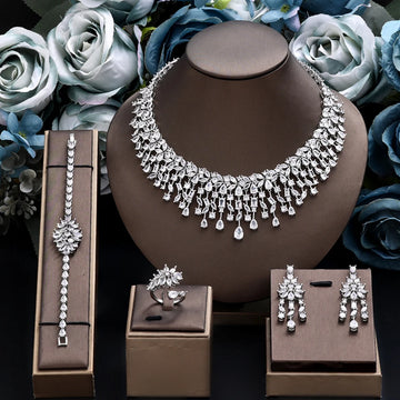 2025 New 4 Piece Rings Cubic Zirconia Bridal Wedding Jewelry Set, Dubai Crystal Wedding Jewelry Set