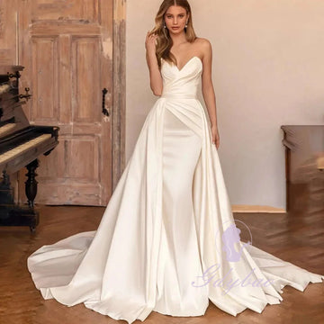 Ivory Satin Evening Dress Women Off Shoulder Pleated Bridal Formal Long Tail Tight Sexy Ball Gowns Party Pageant Dress