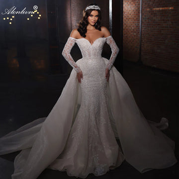 Alonlivn Luxurious Embroidery 2 In 1 Mermaid Bridal Gown Beading Appliques Lace Off Shoulder Sleeves Sweetheart Wedding Dress