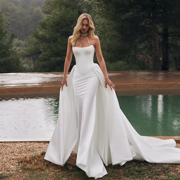 Modern Two-Piece Satin Wedding Dress - Detachable Long Train & Corset Top Bridal Gown