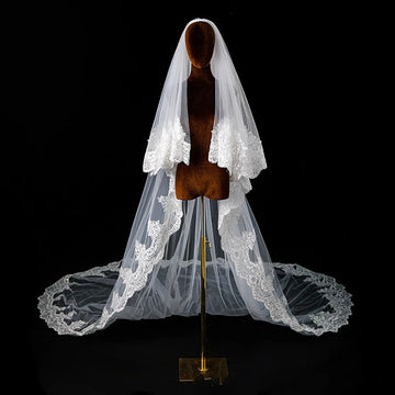 New Arrival White Ivory Cathedral Wedding Veils Beaded Crystals Bride wedding accessories Veu de noiva Lace Appliques Veils