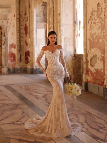 Customized Shiny Pearls Lace Mermaid Wedding Dress V-neck Off Shoulder Bridal Gown Dreamy Mermaid Dresses For Bride