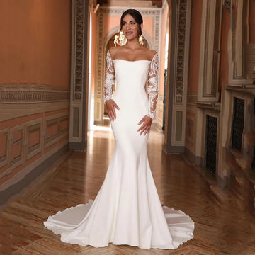 Boho Lace Appliques Mermaid Wedding Dresses Sexy Open Back Button Bridal Gown Pleat Long Sleeves Sweep Train Vestido Customized