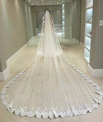 White Ivory Long Full Edge Lace Wedding Veil One Layer Tulle Bridal Veil with Comb Wedding Accessories Veu Velo Noiva