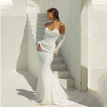 Sexy V-neck Pleat Soft Satin Sheat/Mermaid Wedding Dresses Custom Made Bridal Grown Detachable Long Sleeves Vestido De Noival