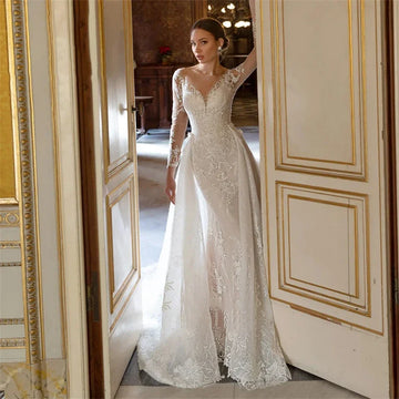 CustomizedTulle Appliques Lace Backless Mermaid Wedding Dresses For Women Detachable Train Bridal Gowns Vestido De Noiva