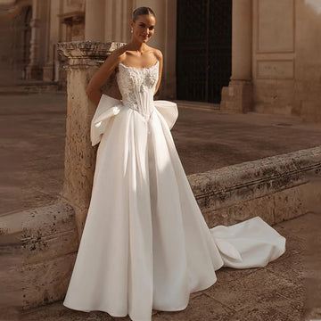Moden Scoop Neckline Lace Applique Bridal Grown A Line Wedding Dresses Big Back Bow Custom Made 2025 Rode De Morriew