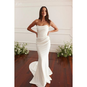 Kyoto White Strapless Mermaid Long Train Wedding Dress Simple Pleated Sleeveless vestidos de novia Button Back Customized Formal