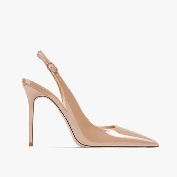 Women's Summer Pointed Toe High Heels Soft Leather Nude Color Hollow out Sandals Thin Heel Strap Buckle Simple Design Shoes