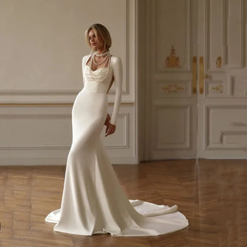 Customized Modern Sexy Mermaid Ivory Satin Wedding Dress Simple Illusion Open Back Button Pleated Long Sleeve Strapless Bridals