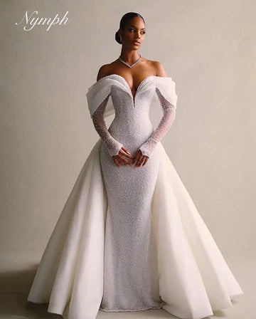 Luxury Detachable 2 In 1Train Wedding Dress Lace Sequins V Neck customiz Full Sleeve Vintage Bride Gown Mermaid Vestido De Novia