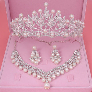 Crystal Pearl Bridal Jewelry Set Rhinestone Necklace Earring Tiara Crown Set For Women Bride Party Queen Wedding Jewelry Set
