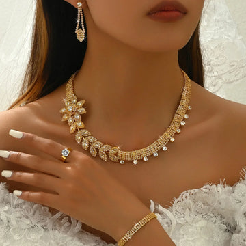 High Grade Flower Earrings Necklace Bracelet Ring Jewelry Set Gold Plated Jewelry Set Wedding Banquet Party Holiday Gift