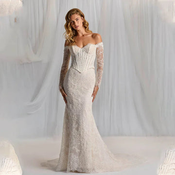 Elegant Off The Shoulder Long Sleeves Sweethat Full Lace Mermaid Wedding Dresses Custom Made 2026 Rode De Morrie