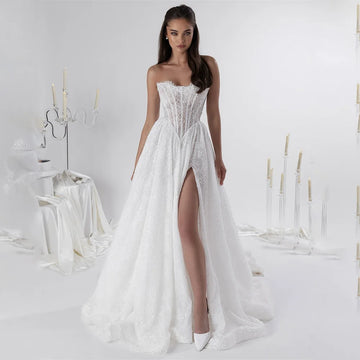 New Sweethart Lace Bridal Grown A Line Wedding Dresses With Long Rubbon Side Slit Custom Made 2026 Vestido De Noival