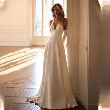 Chic V-neck Satin A Line Wedding Dresses Backless Custom Made 2026 Rode De Morrie