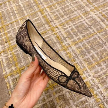 Stiletto heels spring and summer new pointed toe shallow lace mesh rhinestone flat wedding shoes banquet dress women's sandals