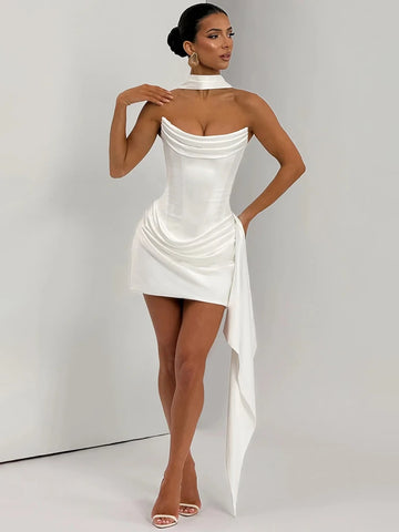 Mozision Off-shoulder Strapless Sexy Mini Dress Women Elegant Sleeveless Backless High Waist Draped Ruched Club Party Dresses