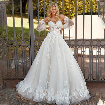 Detachable Long Sleeves Sweetheart Lace Applique A-Line Tulle Gown Wedding Dresses Custom Made 2025 Vestido De Noival