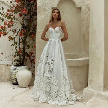 Strapless Corset Floral Lace Wedding Dress – Luxury A-Line Bridal Gown with Embroidered Details | Maison Bridal