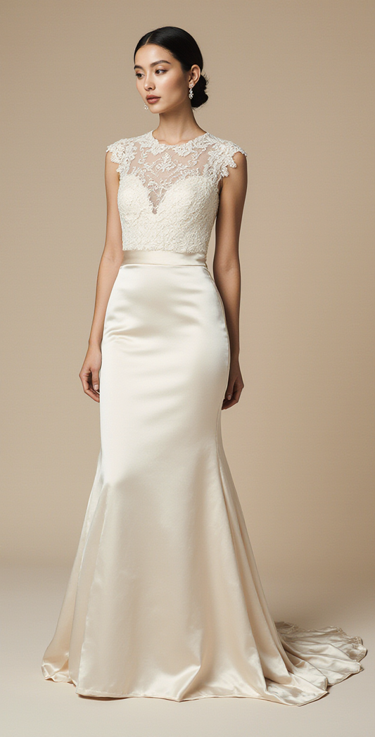 A-Line Satin Wedding Dress with Lace Bodice and Open Back – Elegant Ivory Bridal Gown for Modern Brides | Maison Bridal