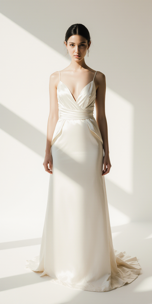 Ivory Satin A-Line Wedding Dress with Deep V Neckline & Open Back – Minimalist Silky Bridal Gown for Modern Brides | Maison Bridal