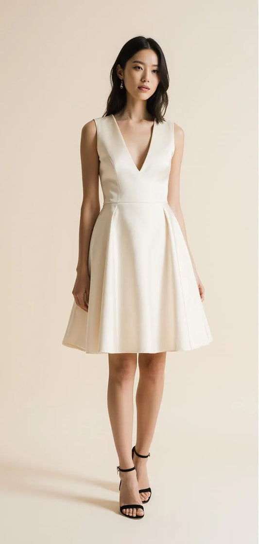 Short Satin Wedding Dress – Elegant V-Neck Backless Bridal Mini Gown for Civil Ceremony | Maison Bridal