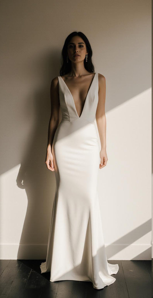 Satin Off-Shoulder Wedding Dress – Elegant Draped Mermaid Bridal Gown with Corset & Train | Maison Bridal