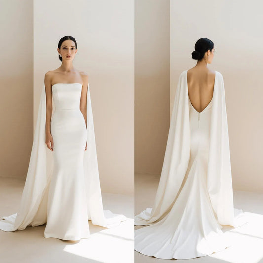 Elegant Strapless Mermaid Wedding Dress with Long Train and Flowing Cape – Maison Bridal