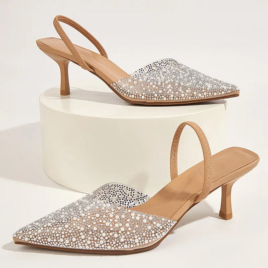 Glamorous Women's Heeled Sandals Translucent Faux Pearls Decor Slingback Stiletto Comfy Lightweight Prom Heels Summer