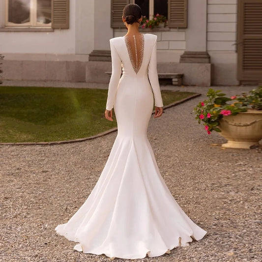 JEHETH V-neck Satin Wedding Dress Mermaid Zipper Beading Bridal Dress Elegant Floor-Length BOHO Long Sleeve Vestidos De Novia
