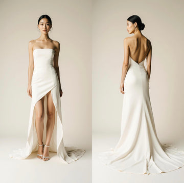 Minimalist Strapless High-Low Wedding Dress with Train – Elegant Open Back Satin Gown | Maison Bridal