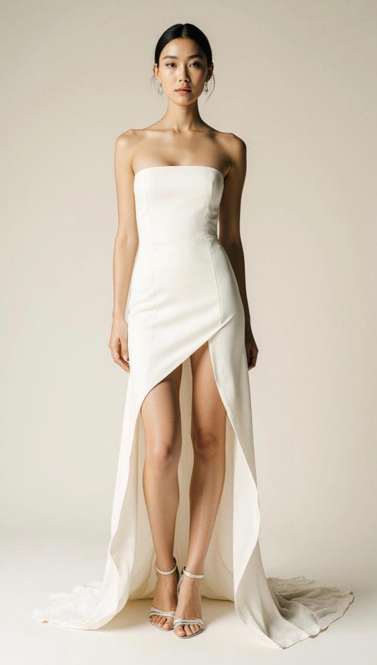 Minimalist Strapless High-Low Wedding Dress with Train – Elegant Open Back Satin Gown | Maison Bridal